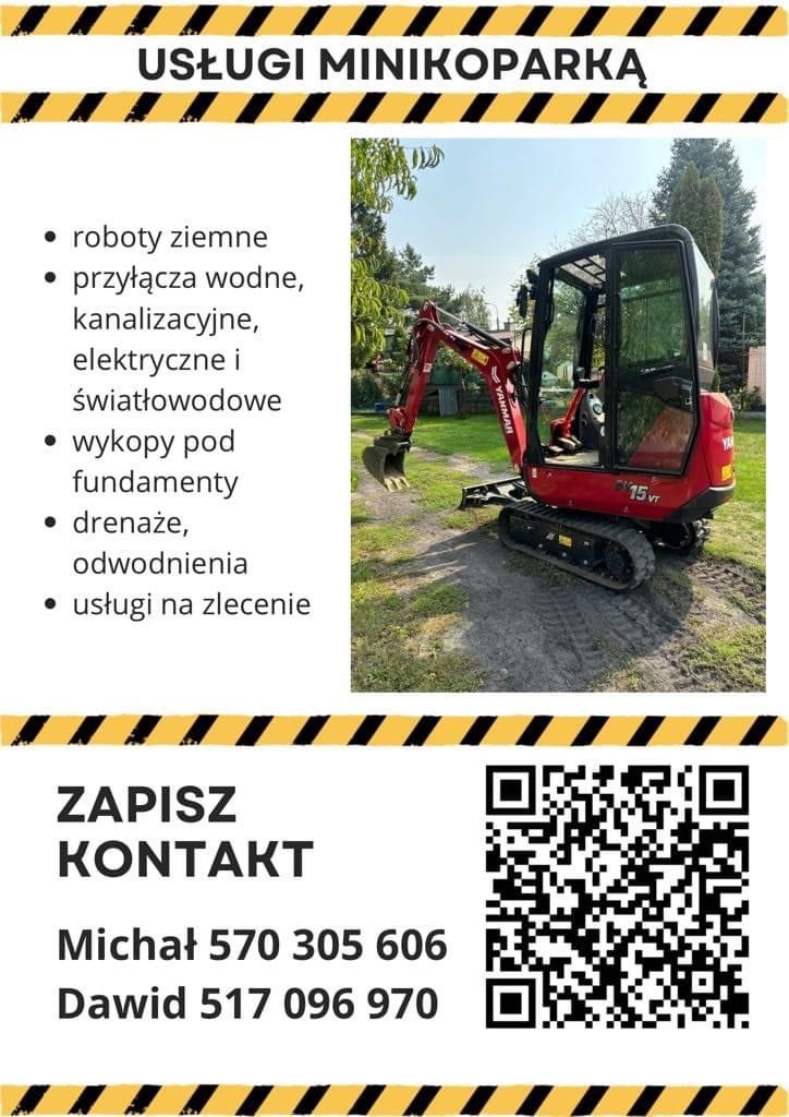 Ogłoszenie usług minikoparką z czerwonym minikoparką Yanmar 15 VT na tle zieleni, z wykazem usług: roboty ziemne, przyłącza, wykopy, drenaże, usługi na zlecenie oraz kodem QR i numerami telefonów.