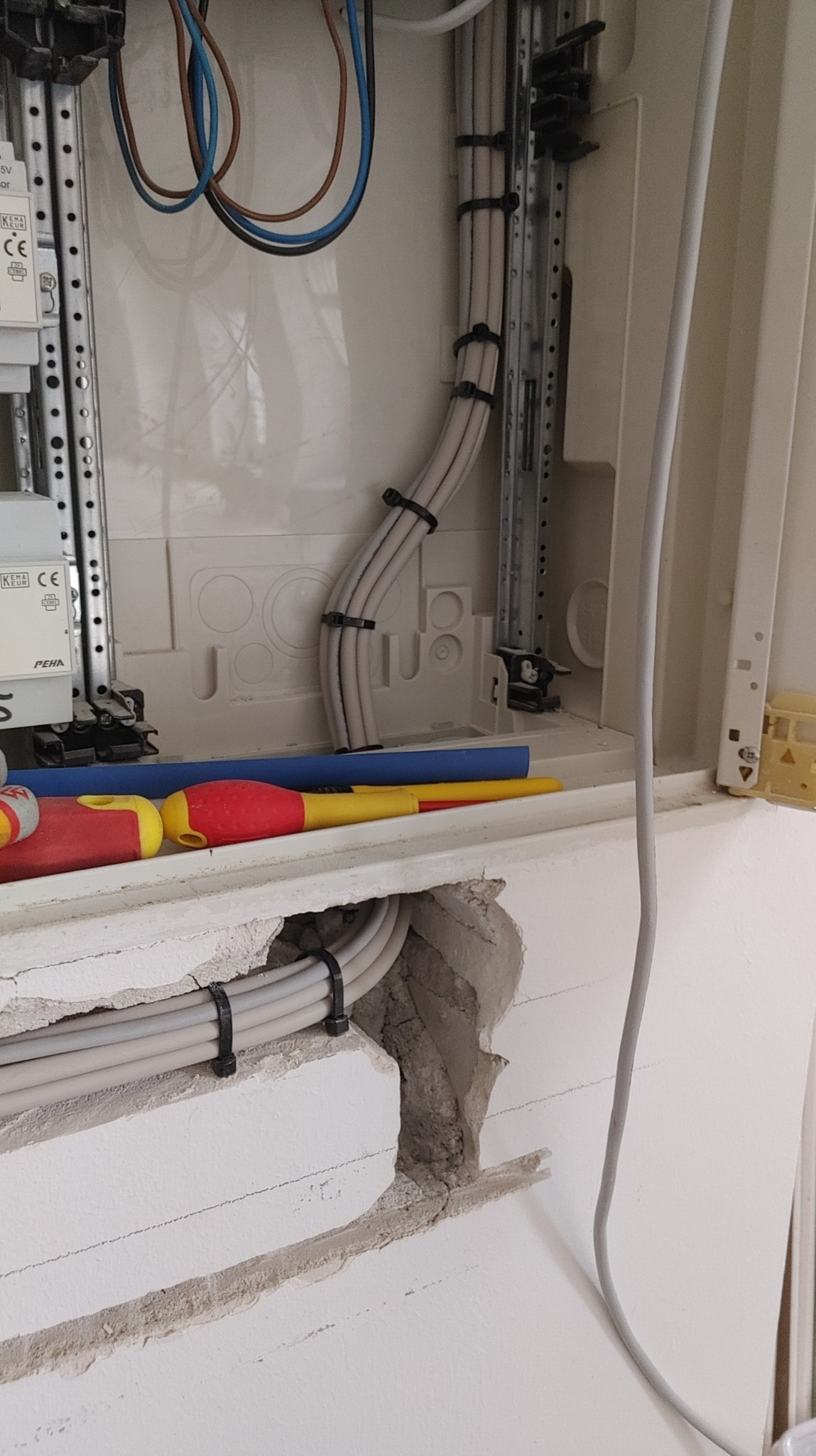 Wnętrze skrzynki elektrycznej z ułożonymi przewodami w peszlach i kablami przymocowanymi opaskami zaciskowymi; dwa śrubokręty leżą na krawędzi otworu w ścianie, przez który przechodzą kable.