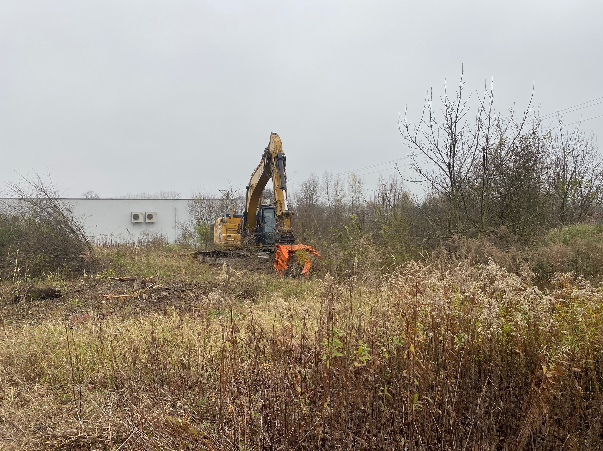 Żółta koparka z chwytakiem do drewna na zarośniętym terenie, w tle budynek z klimatyzatorami, pochmurne niebo.