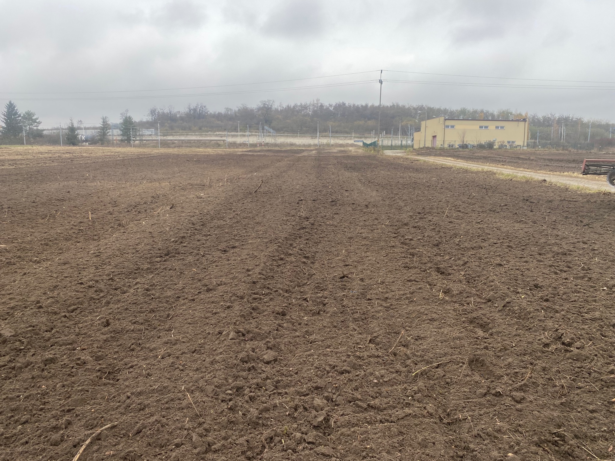 Świeżo zaorane pole z widocznymi śladami po bronowaniu, budynek gospodarczy w tle, pochmurne niebo.
