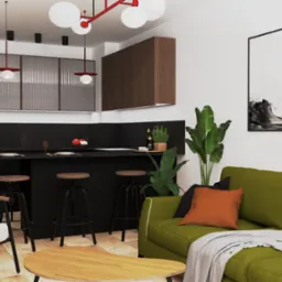 Wnętrze mieszkania: aneks kuchenny z barkiem, hokery, sofa i fotel w stylu retro, obrazy z motywem morza. Całość w stonowanej kolorystyce z akcentami czerwieni.