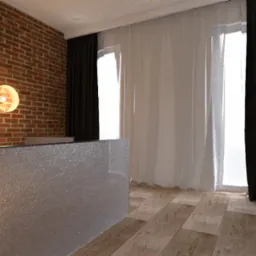 Minimalistyczne wnętrze z ceglaną ścianą, drewnianą podłogą i dekoracyjnym oświetleniem. Widoczne okna z zasłonami i element roślinny w doniczce.