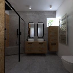 Taupe Interior - Nowoczesna łazienka z drewnianą szafką pod umywalki, czarnymi ramami luster i kabiny prysznicowej. Grzejnik drabinkowy i toaleta w tle. Minimalistyczny design.