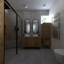 Nowoczesna łazienka z drewnianą szafką pod umywalki, czarnymi ramami luster i kabiny prysznicowej. Grzejnik drabinkowy i toaleta w tle. Minimalistyczny design.