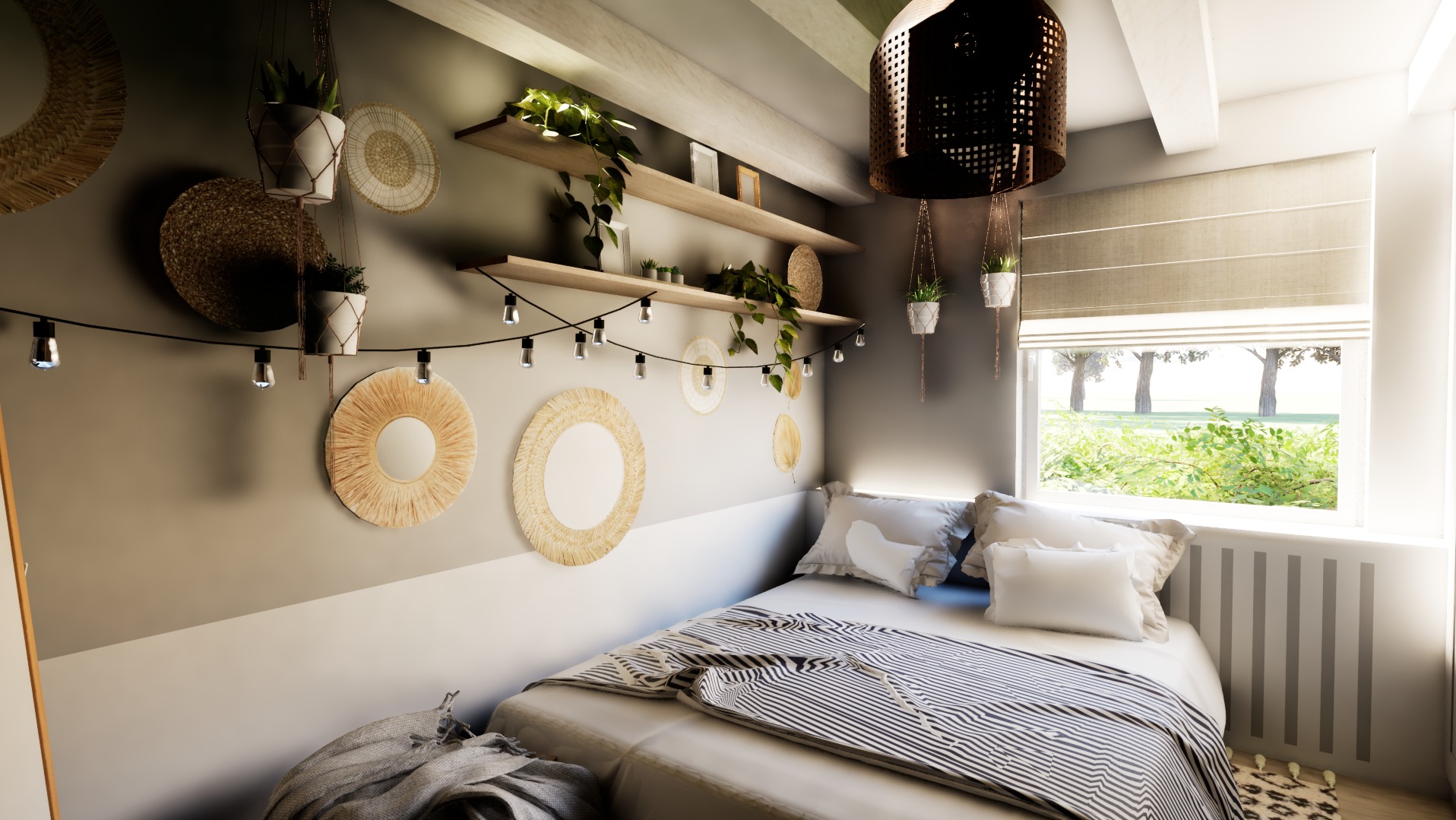 Projekt całego mieszkania. Sypialnia w stylu boho.