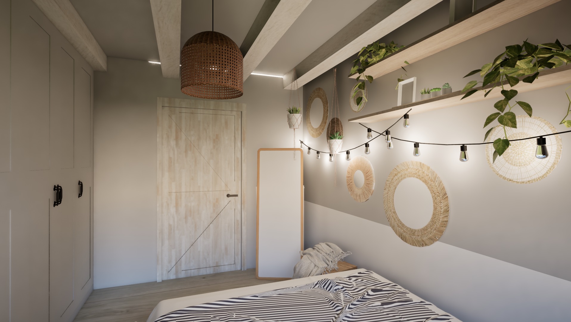 Sypialnia w stylu boho z wiklinową lampą, dekoracyjnymi lustrami, girlandą świetlną i roślinami na półkach.