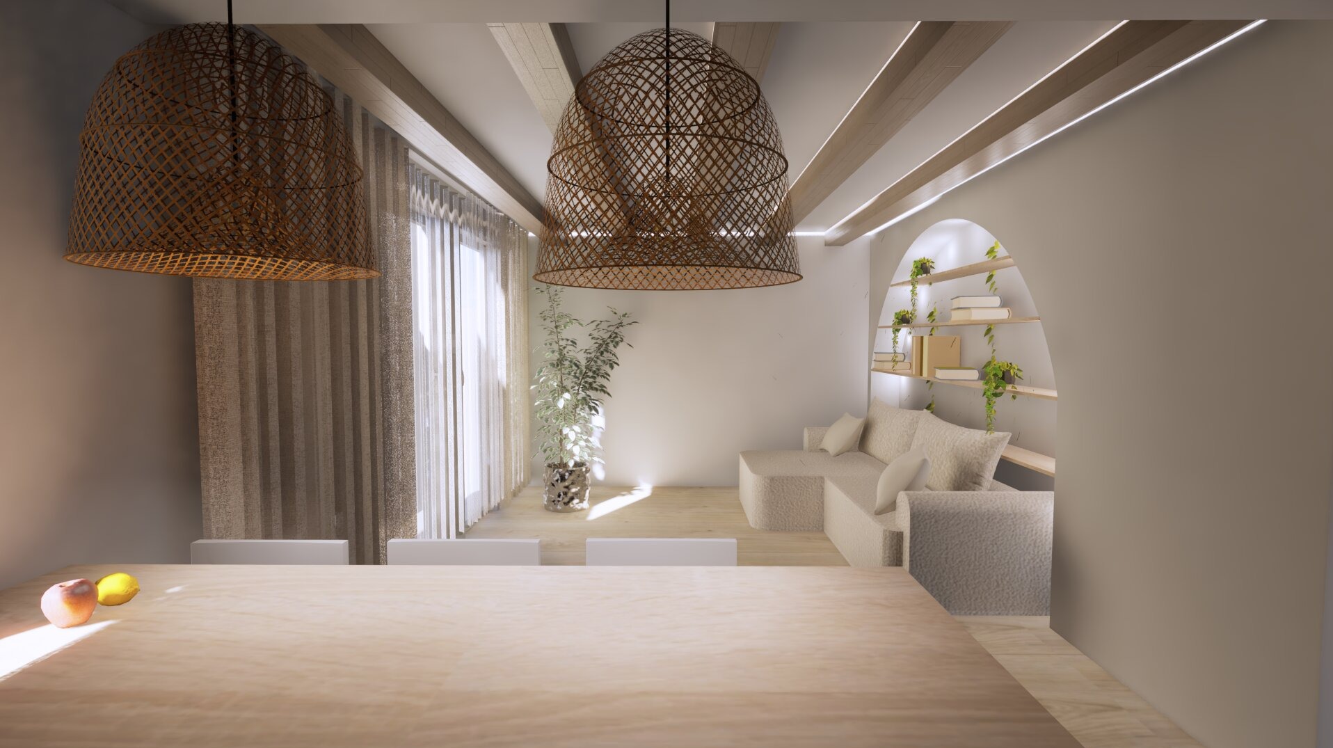 Projekt całego mieszkania. Kuchnia z salonem w stylu boho połączonym ze stylem farmhouse.