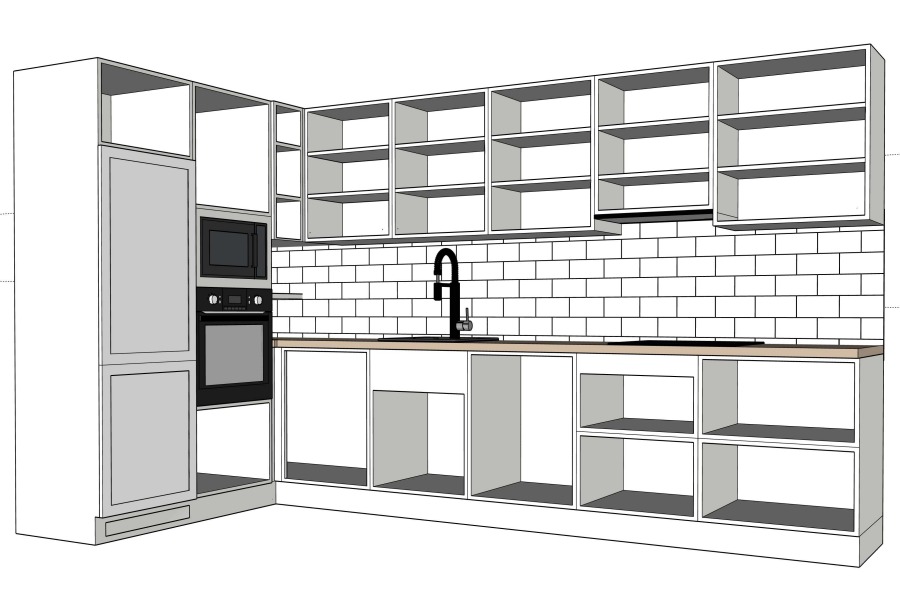 Wizualizacja 3D kuchni z białymi szafkami modułowymi, czarną armaturą i sprzętem AGD, prezentująca układ i rozmieszczenie elementów w projekcie.