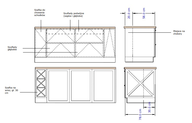 Rysunek techniczny mebli na wymiar: przekrój szafek z szufladami, w tym szafka na wino, z uwzględnieniem wymiarów.