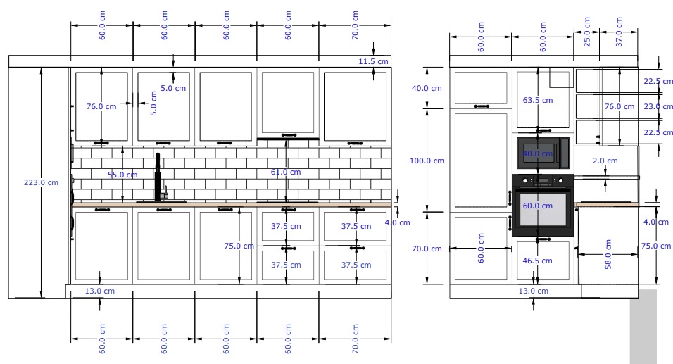 Rzut techniczny kuchni z wymiarami szafek, piekarnika, zlewu i płytek ściennych, przedstawiony w formie szkicu.