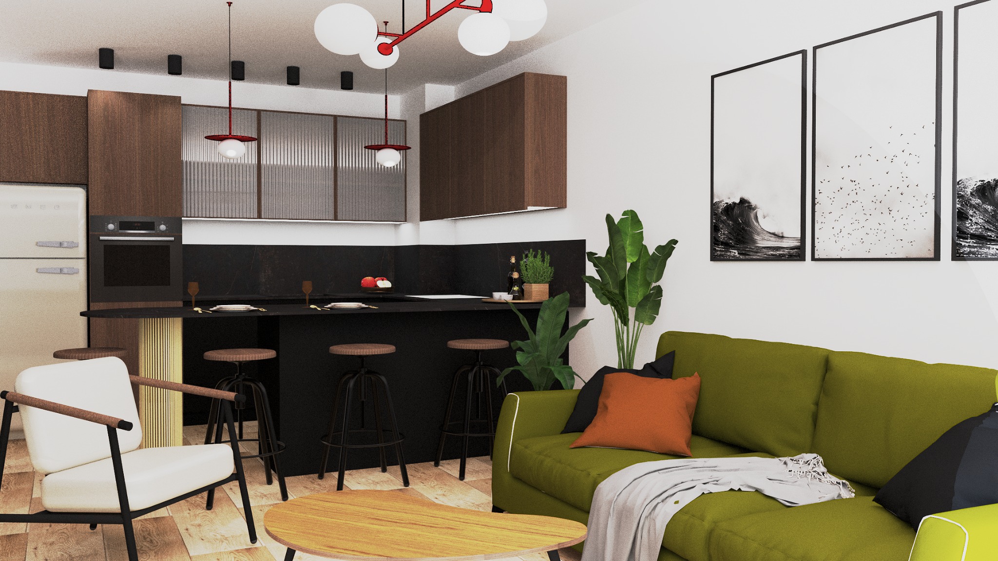 Wnętrze mieszkania: aneks kuchenny z barkiem, hokery, sofa i fotel w stylu retro, obrazy z motywem morza. Całość w stonowanej kolorystyce z akcentami czerwieni.