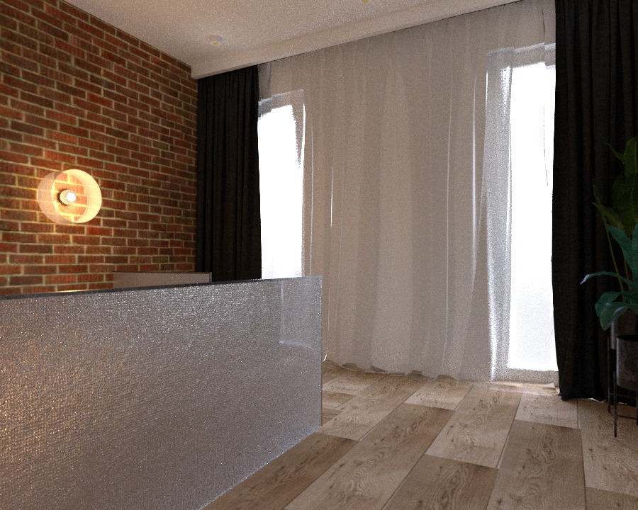 Minimalistyczne wnętrze z ceglaną ścianą, drewnianą podłogą i dekoracyjnym oświetleniem. Widoczne okna z zasłonami i element roślinny w doniczce.