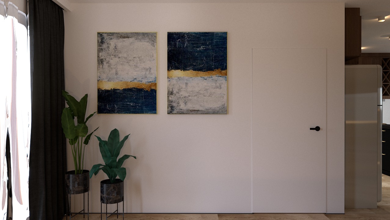 Minimalistyczny salon z abstrakcyjnymi obrazami, zielonymi roślinami w donicach i ukrytymi drzwiami, tworzącymi spójną i elegancką przestrzeń.