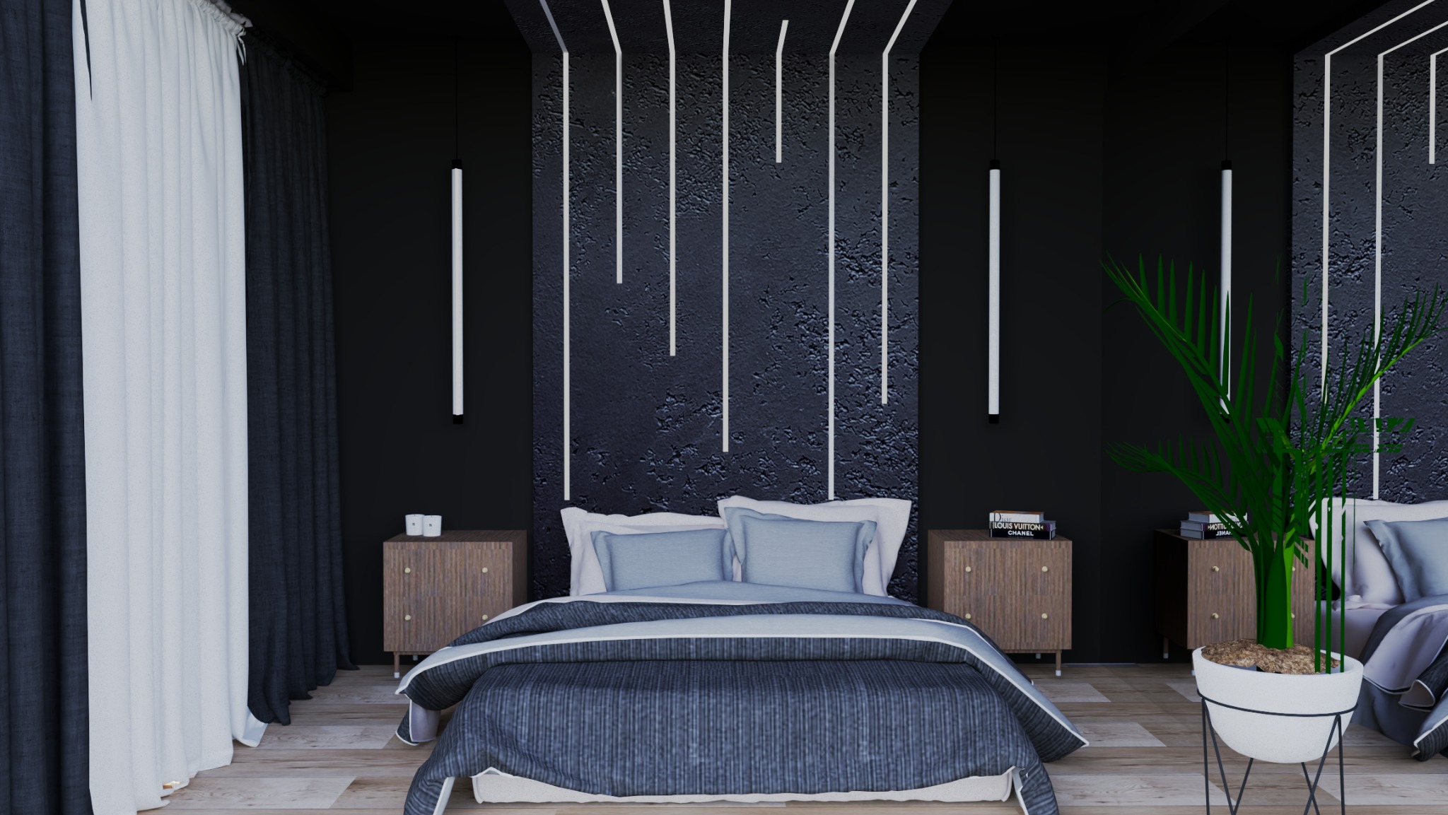 Elegancka sypialnia z łóżkiem w odcieniach granatu i szarości, drewnianymi szafkami nocnymi i rośliną w białej donicy. Czarna ściana z białymi, pionowymi lampami.