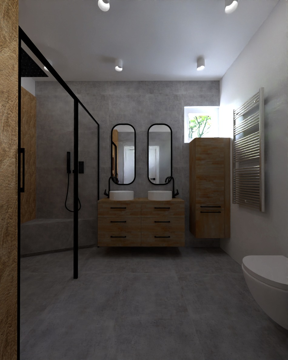 Nowoczesna łazienka z drewnianą szafką pod umywalki, czarnymi ramami luster i kabiny prysznicowej. Grzejnik drabinkowy i toaleta w tle. Minimalistyczny design.