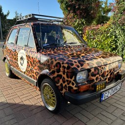K. B. Sp. z o.o. - Mały, pomarańczowo-brązowy samochód oklejony wzorem panterki, z logotypem 'Panther Dance' na boku, złotymi felgami i bagażnikiem dachowym, zaparkowany na brukowanej powierzchni.