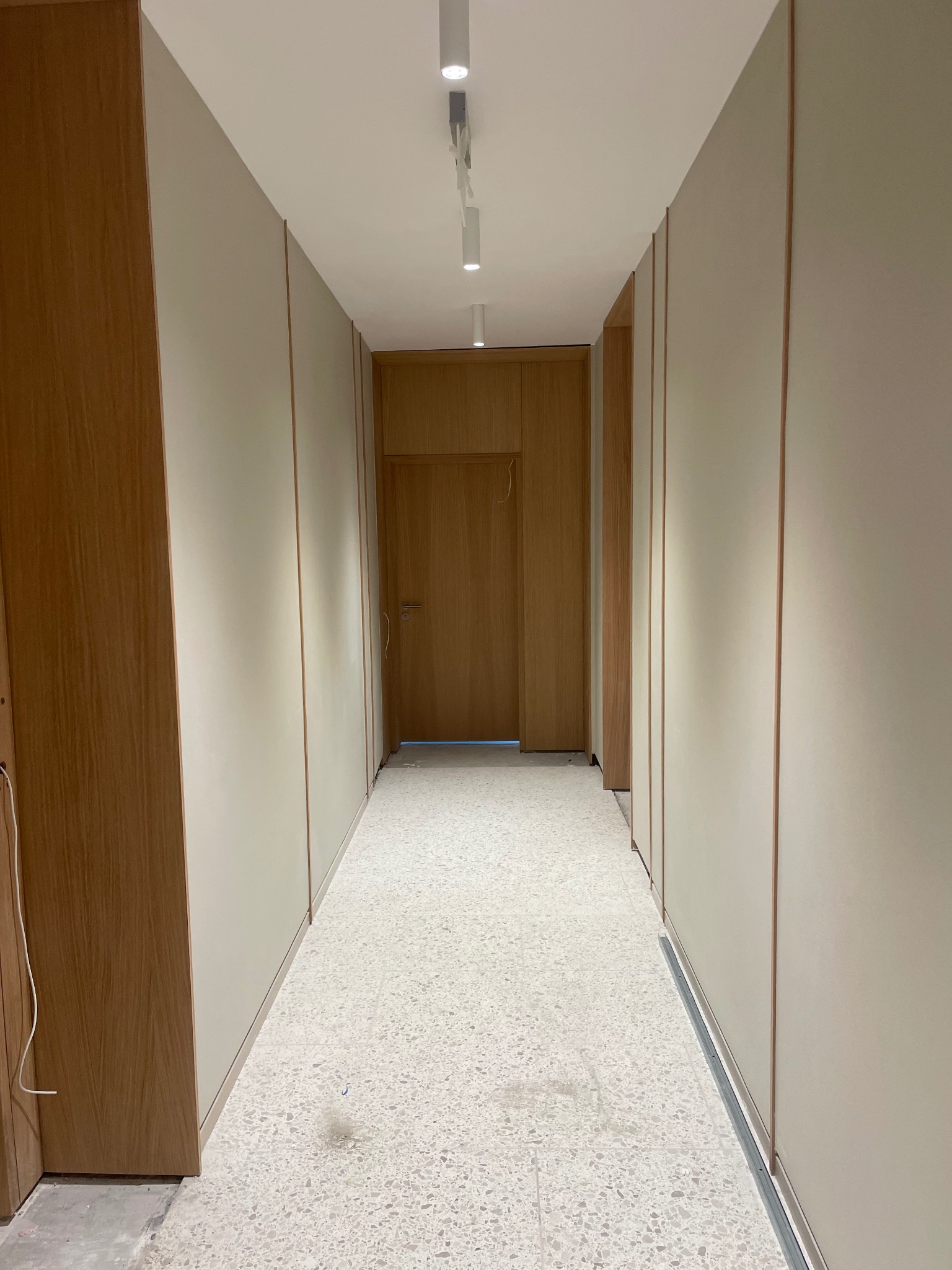 Korytarz z panelami ściennymi w odcieniach beżu i drewna, wykończony podłogą lastryko, oświetlony punktowymi lampami sufitowymi, widok w głąb pomieszczenia.