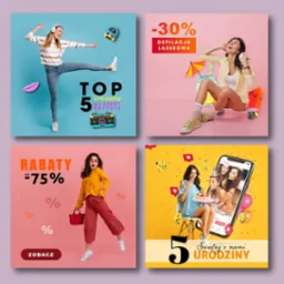 Zestaw czterech kwadratowych reklam: dziewczyna w ruchu z hasłem 'TOP 5 utworów na dobry nastrój', reklama depilacji laserowej z rabatem 30%, promocja rabatów do 75%, oraz urodzinowy post...