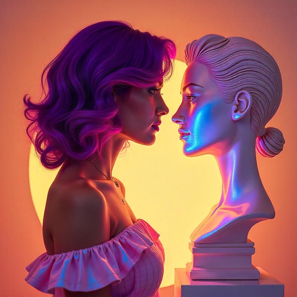 Kobieta z fioletowymi włosami spogląda na podświetlone popiersie kobiety w neonowym oświetleniu.