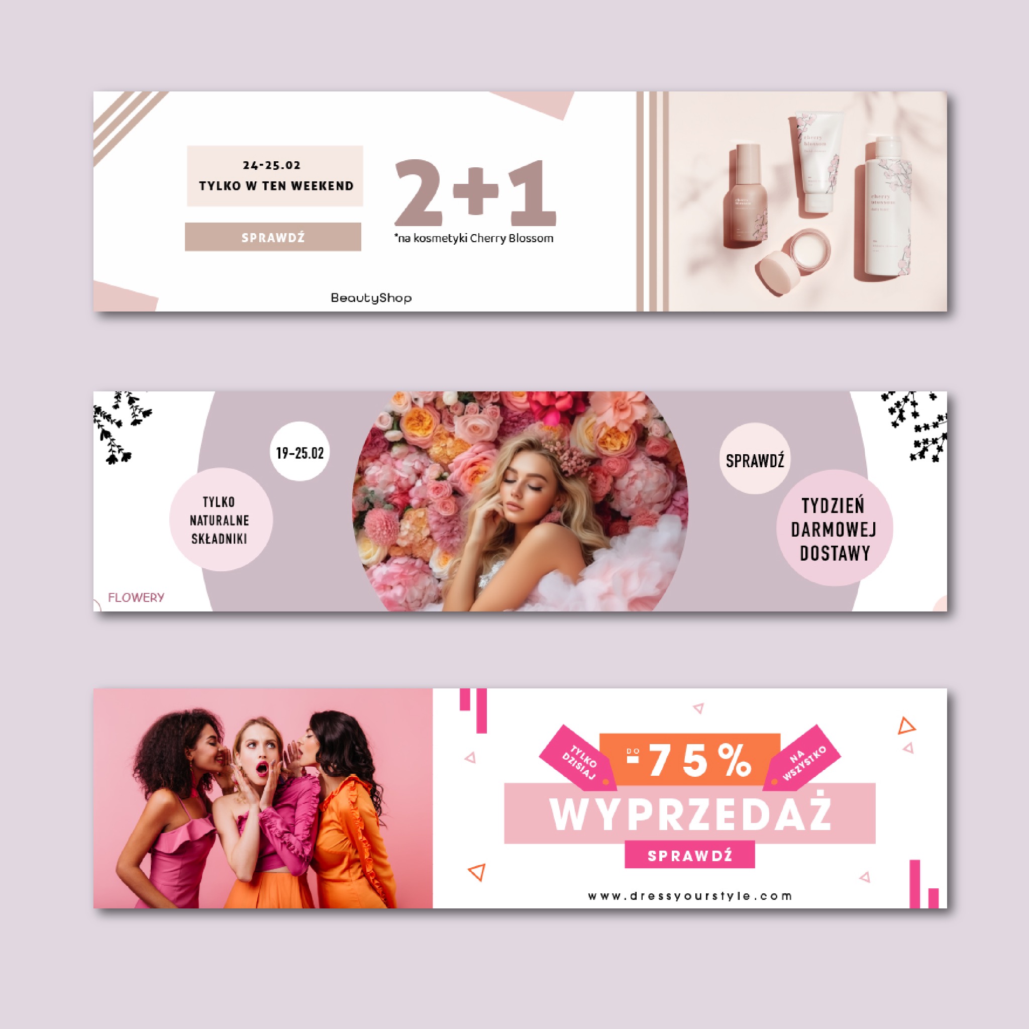 Zestaw trzech banerów reklamowych w pastelowych kolorach, prezentujących promocje na kosmetyki, naturalne składniki i wyprzedaże odzieżowe.