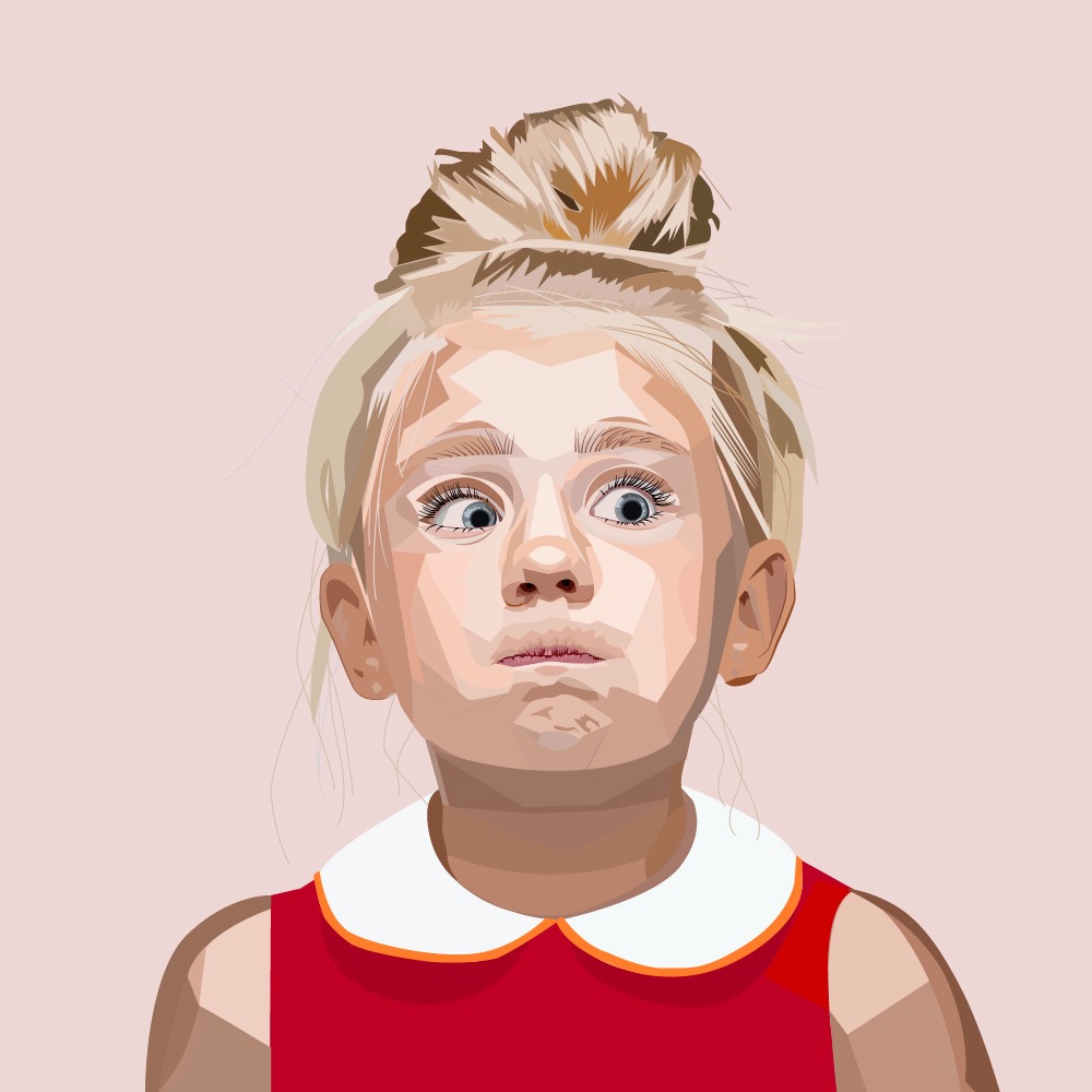 Ilustracja wektorowa portretu dziewczynki z blond włosami upiętymi w kok, ubrana w czerwoną sukienkę z białym kołnierzykiem, patrząca w górę z wyrazem zaskoczenia.