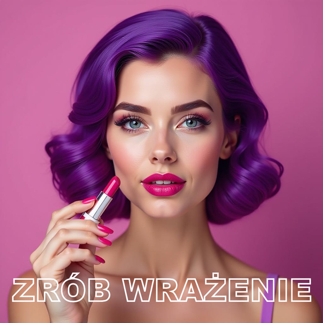 Portret kobiety z fioletowymi włosami i różową szminką, trzymającej w dłoni pomadkę w odcieniu zbliżonym do ust, na jednolitym różowym tle.