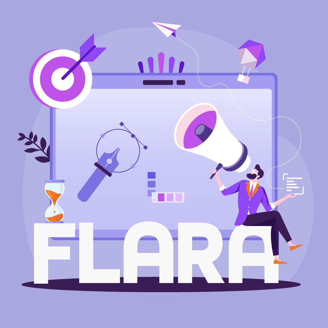 Ilustracja koncepcji marketingowej z postacią siedzącą na napisie 'FLARA' trzymającą megafon, obok narzędzia do projektowania graficznego, klepsydra i cel z strzałą na tle ekranu z ikonami.