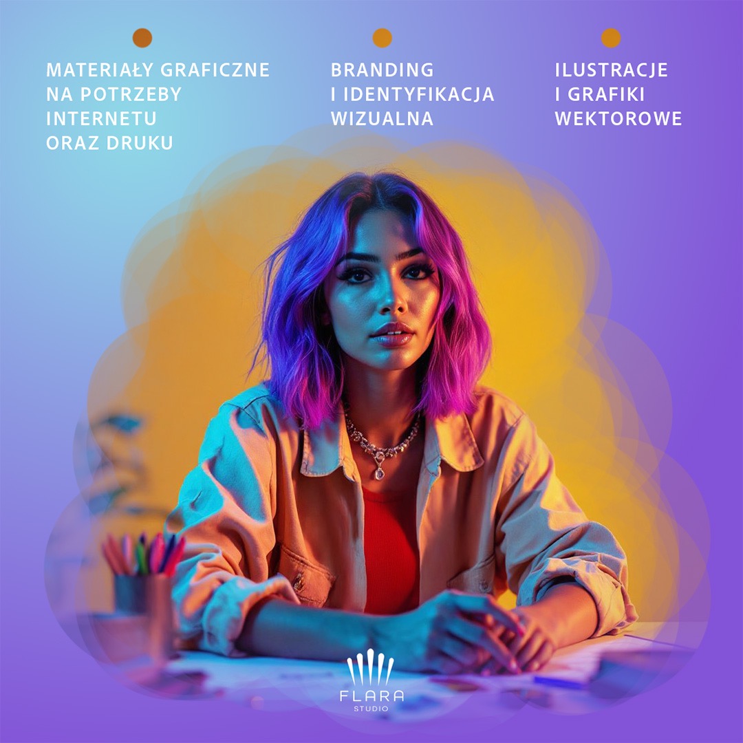 Kobieta z fioletowymi włosami siedząca za biurkiem z kredkami, otoczona grafikami dotyczącymi materiałów internetowych i drukowanych, identyfikacji wizualnej oraz ilustracji wektorowych.