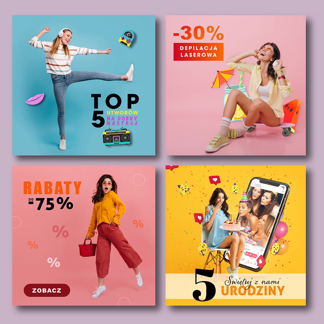 Zestaw czterech kwadratowych reklam: dziewczyna w ruchu z hasłem 'TOP 5 utworów na dobry nastrój', reklama depilacji laserowej z rabatem 30%, promocja rabatów do 75%, oraz urodzinowy post...