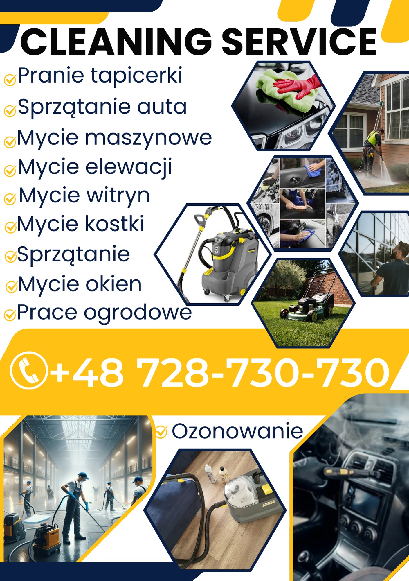 Grafika reklamowa usług czyszczących: pranie tapicerki, sprzątanie aut, mycie maszynowe, elewacji i witryn, czyszczenie kostki, sprzątanie, mycie okien, prace ogrodowe oraz ozonowanie,...