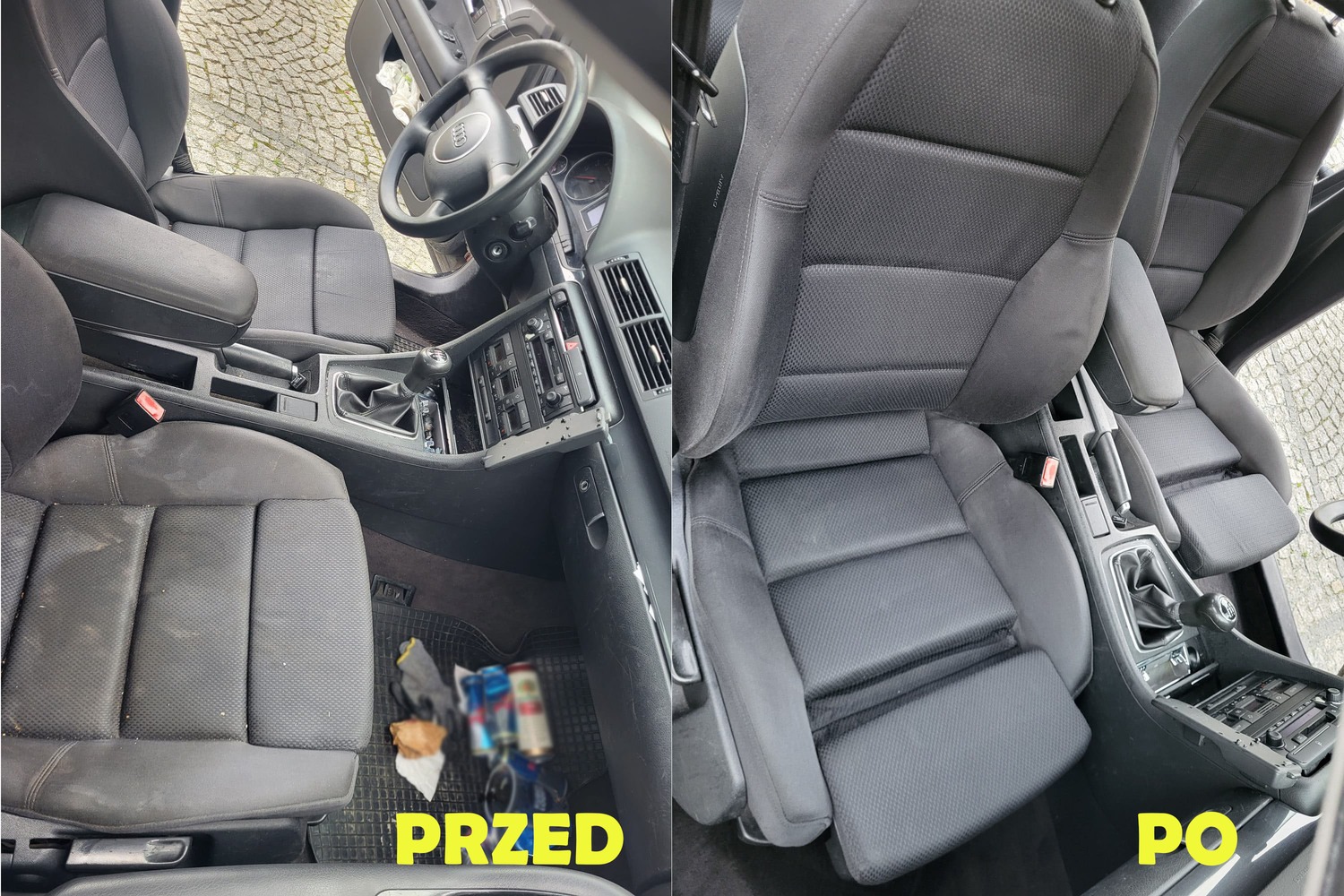 Porównanie wnętrza samochodu Audi A4 przed i po czyszczeniu tapicerki, widoczne różnice w czystości foteli, dywaników i konsoli środkowej. Po lewej stronie wnętrze zabrudzone, po prawej - odświeżone.