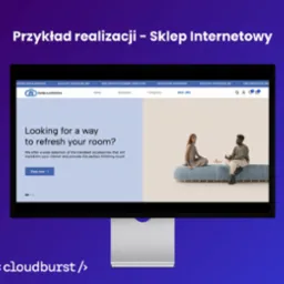 Monitor wyświetlający stronę internetową sklepu z meblami i akcesoriami do wnętrz, z minimalistycznym designem i zdjęciem modelki i modela siedzących na ławce.