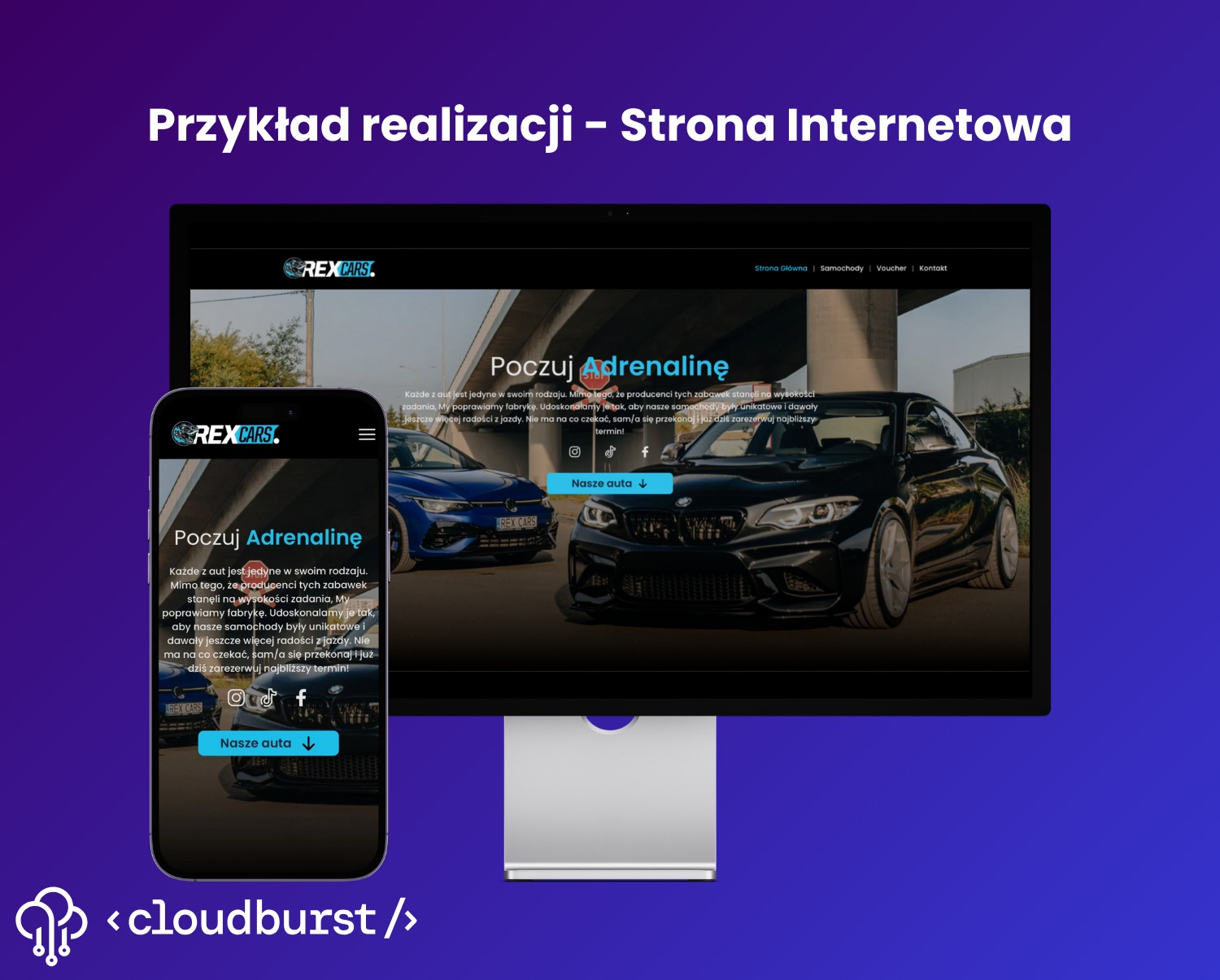 Prezentacja responsywnej strony internetowej dealera samochodowego na monitorze i smartfonie, z widocznymi samochodami i tekstem 'Poczuj Adrenalinę'.