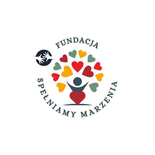 Logo Fundacji Spełniamy Marzenia: stylizowana postać z sercem zamiast tułowia, otoczona drzewem z serc w kolorach czerwonym, zielonym i żółtym, oraz ikoną dłoni.