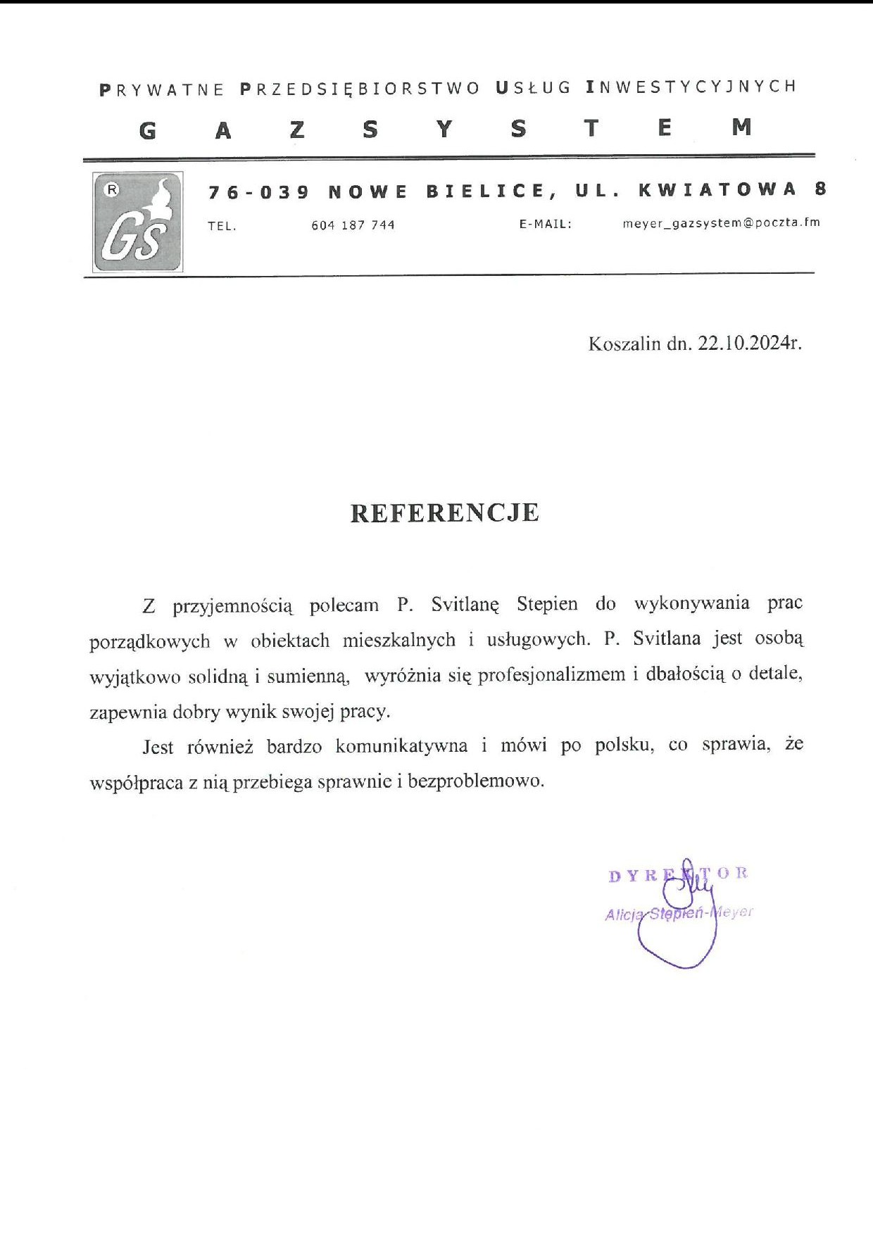 Referencję od Pani Alicji Meyer - Dyrektor Gazsystem