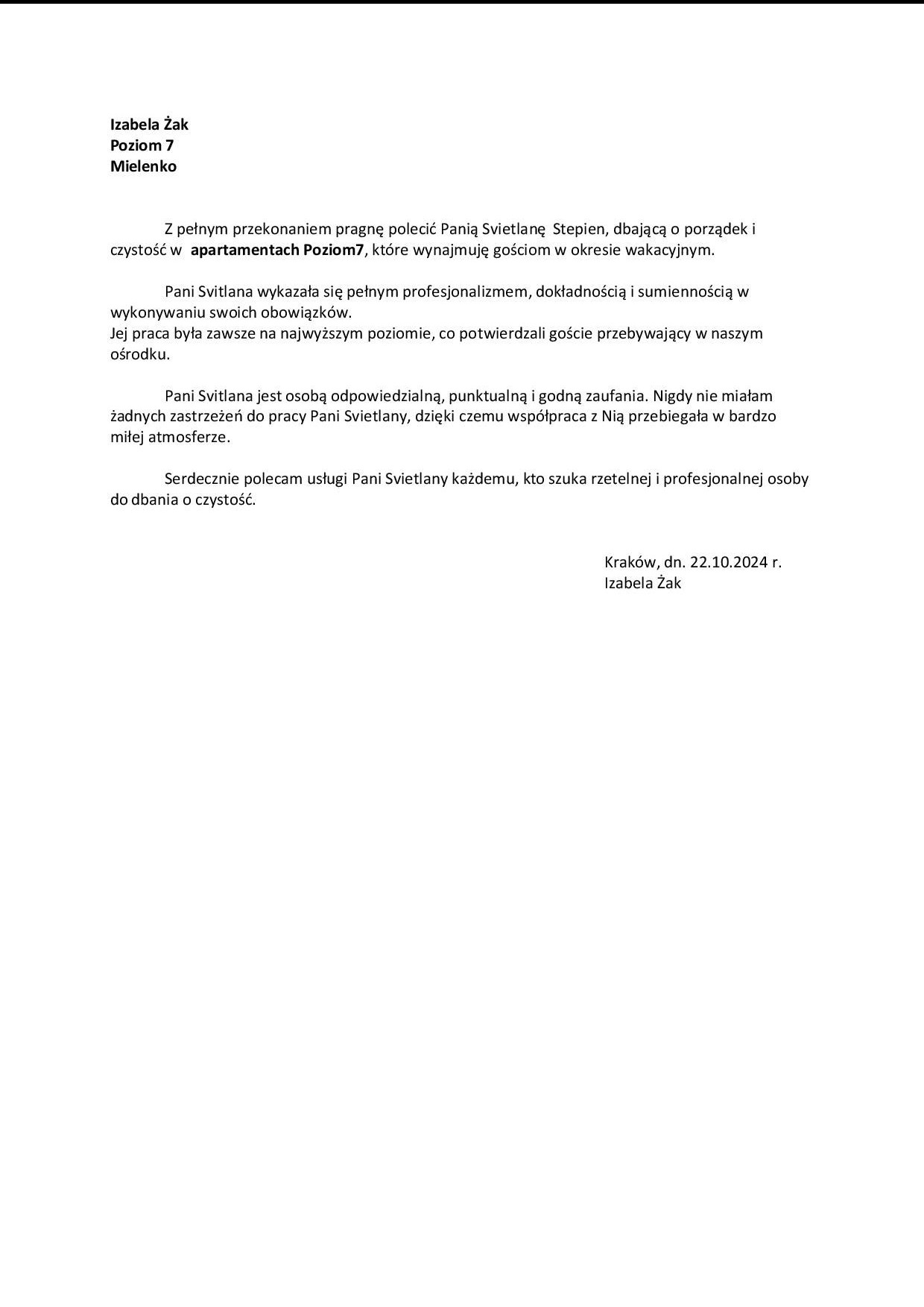 Referencje od Pani Izabeli Żak - apartamenty Poziom 7 Mielno