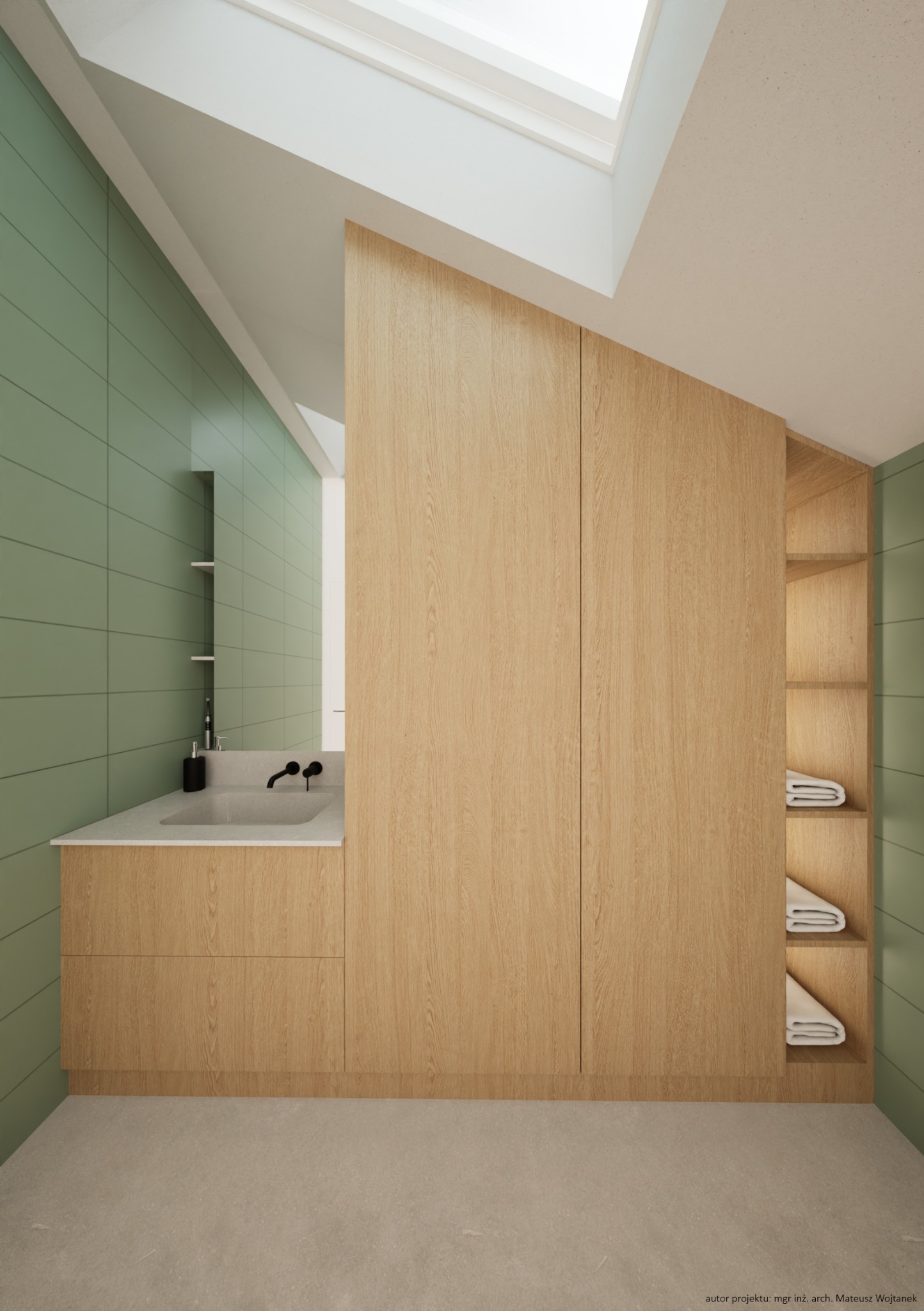 Nowoczesna łazienka na poddaszu z zielonymi płytkami, drewnianą zabudową meblową, umywalką nablatową i oknem dachowym w minimalistycznym stylu.