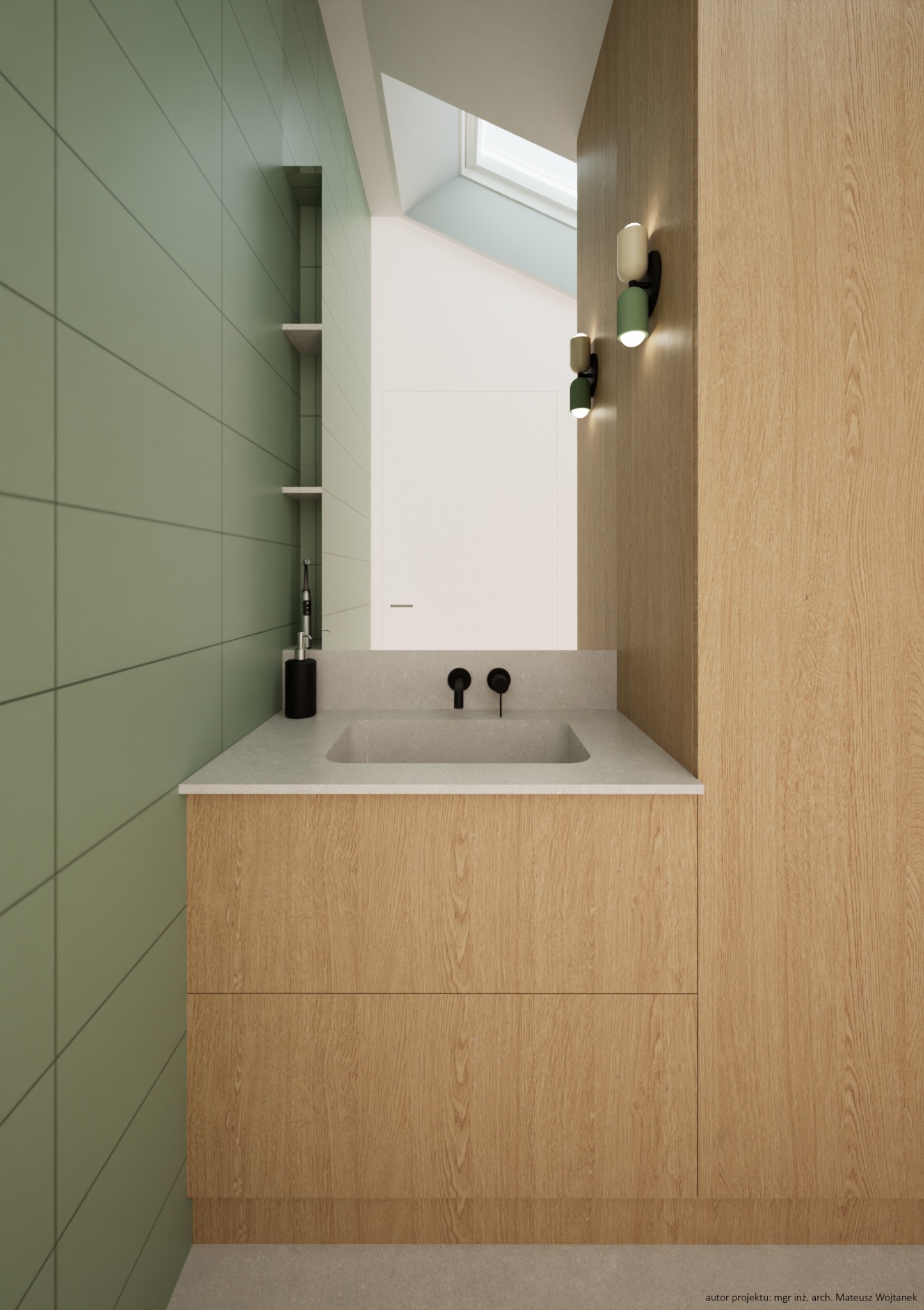 Nowoczesna łazienka z umywalką nablatową, drewnianymi szafkami i zielonymi płytkami ściennymi, oświetlona przez lampy ścienne w odcieniach zieleni i bieli, z oknem dachowym w tle.