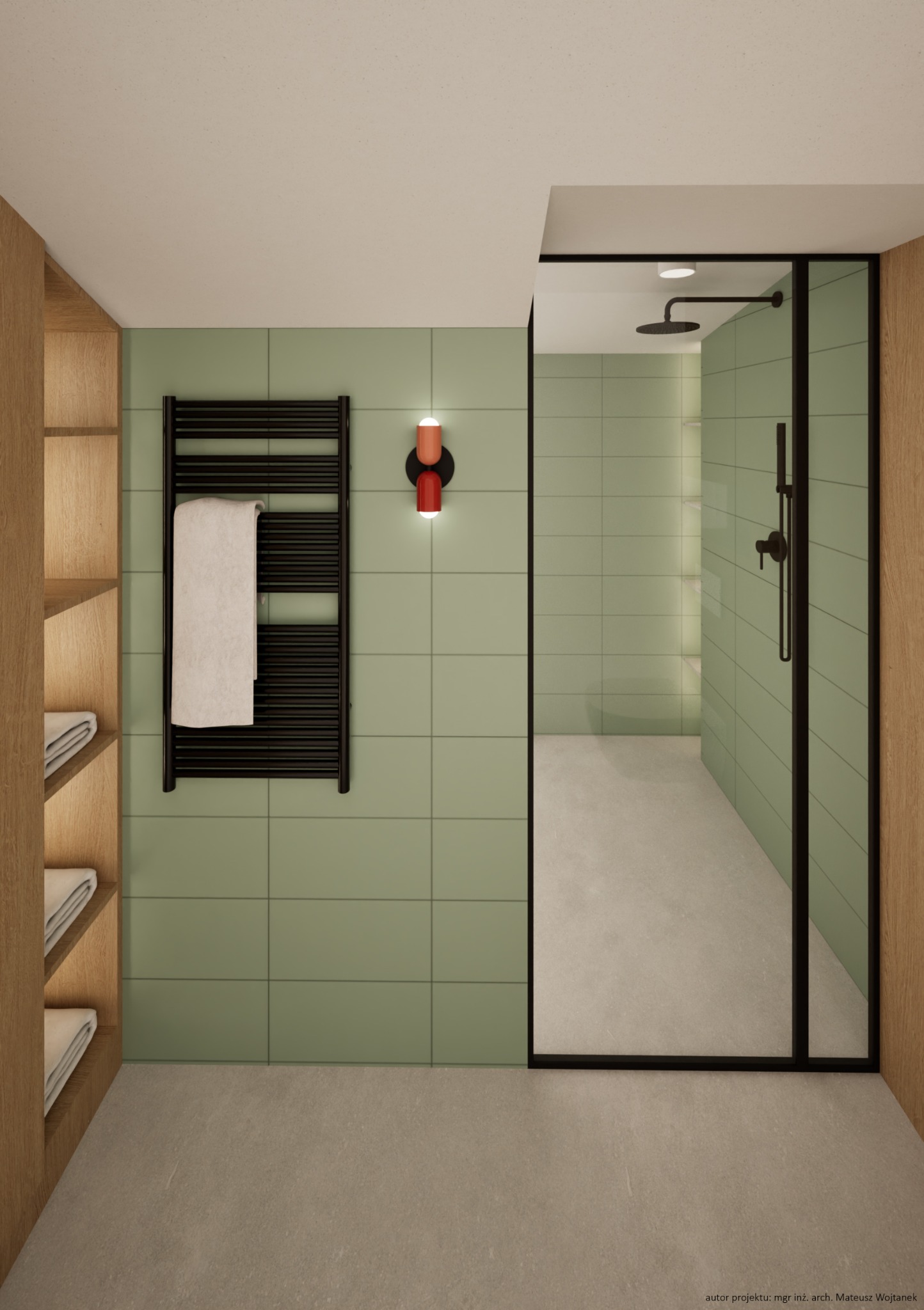 Wizualizacja łazienki z zielonymi płytkami, czarnym grzejnikiem drabinkowym z ręcznikiem, kabiną prysznicową z czarną ramą i drewnianymi elementami zabudowy.