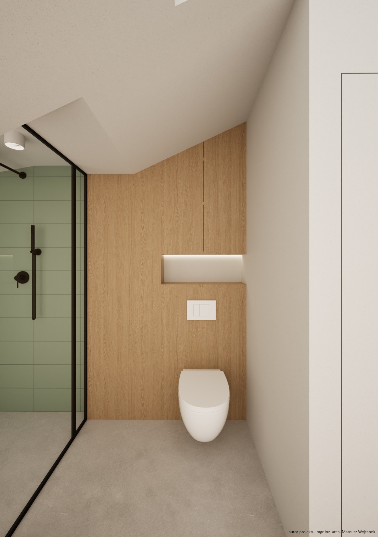 Wizualizacja nowoczesnej łazienki z kabiną prysznicową z zielonymi płytkami i drewnianą zabudową z podświetleniem nad wiszącą toaletą.