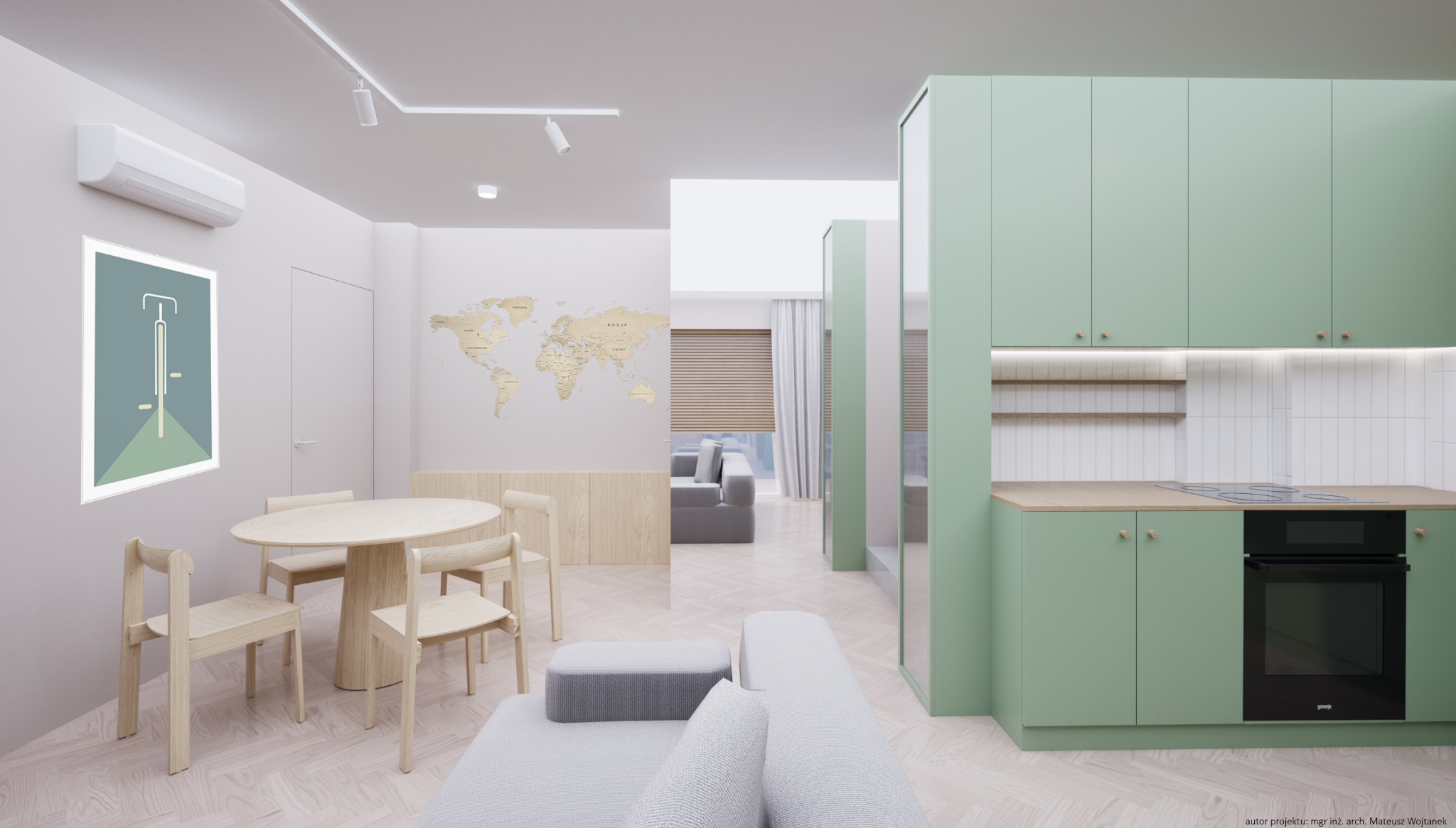 Wizualizacja wnętrza mieszkania w jasnych kolorach z elementami drewna i zieleni: okrągły stół z krzesłami, mapa świata na ścianie, grafika z rowerem, zielona zabudowa kuchenna i szara sofa.