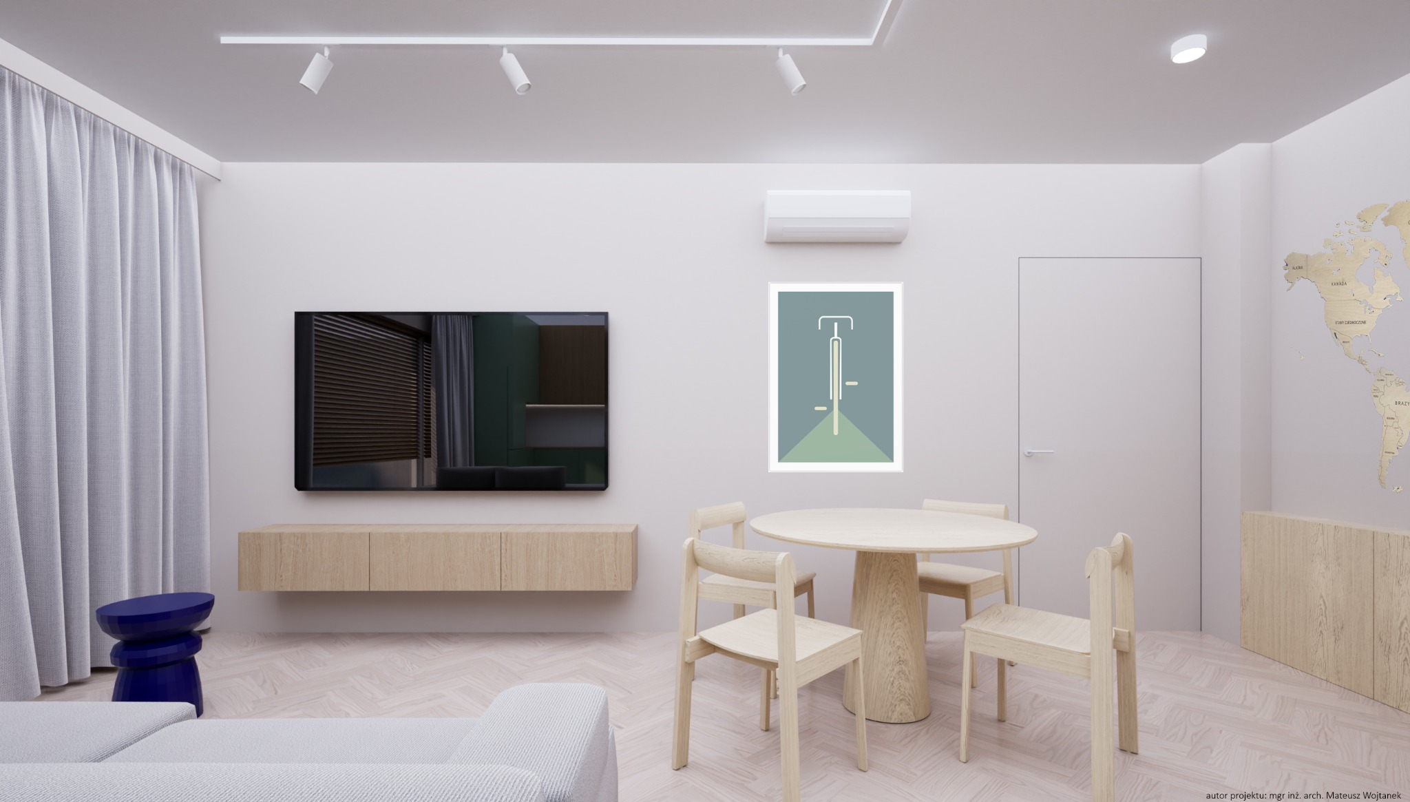 Jasne wnętrze mieszkania z drewnianym stołem, krzesłami, szafką RTV i telewizorem na ścianie, uzupełnione minimalistycznym obrazem roweru i mapą świata na ścianie.