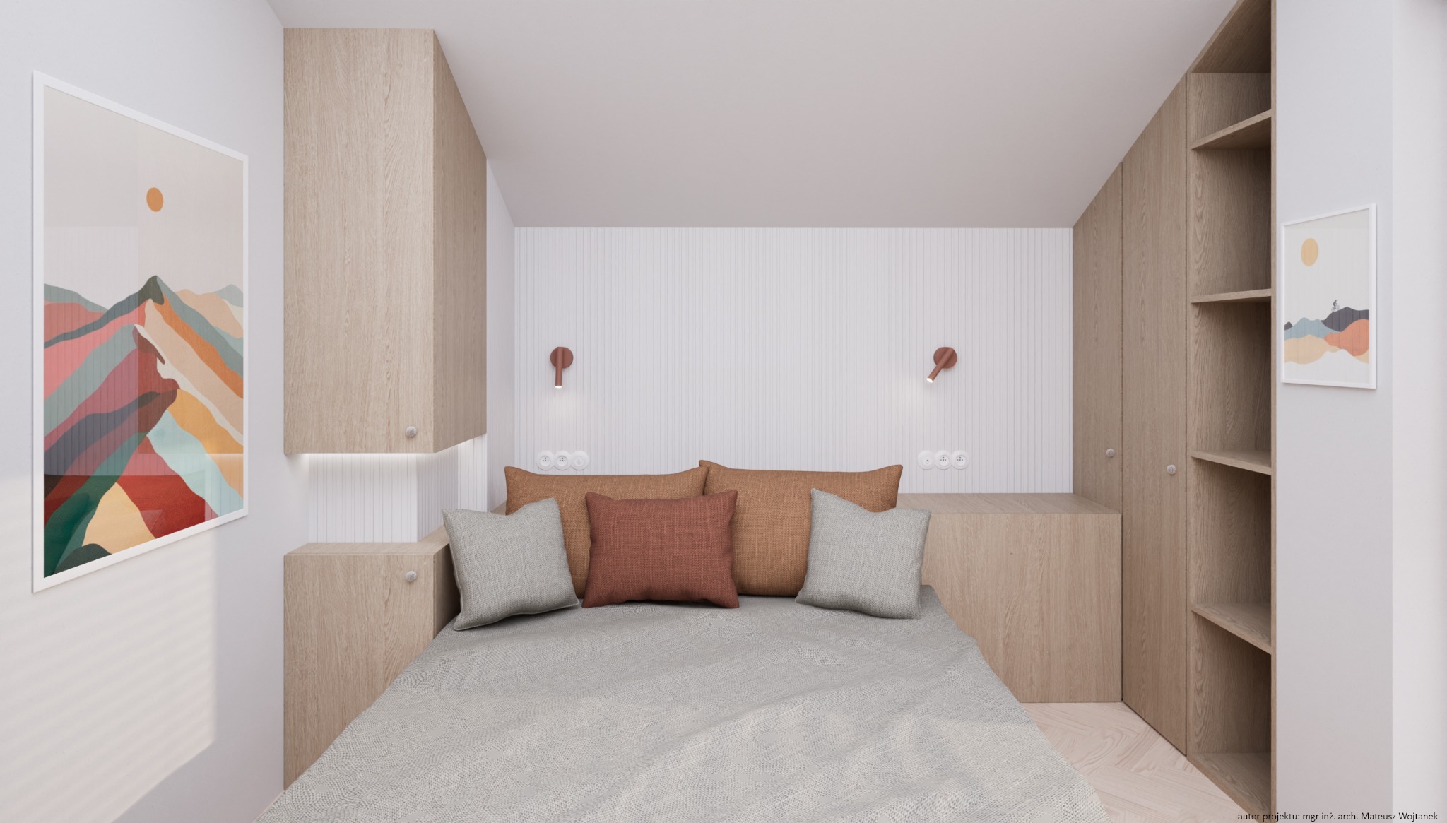 Wizualizacja sypialni w neutralnych barwach z drewnianymi szafkami, łóżkiem z szarą narzutą i poduszkami w odcieniach brązu i szarości, ozdobiona minimalistycznymi obrazami z motywem górskim.