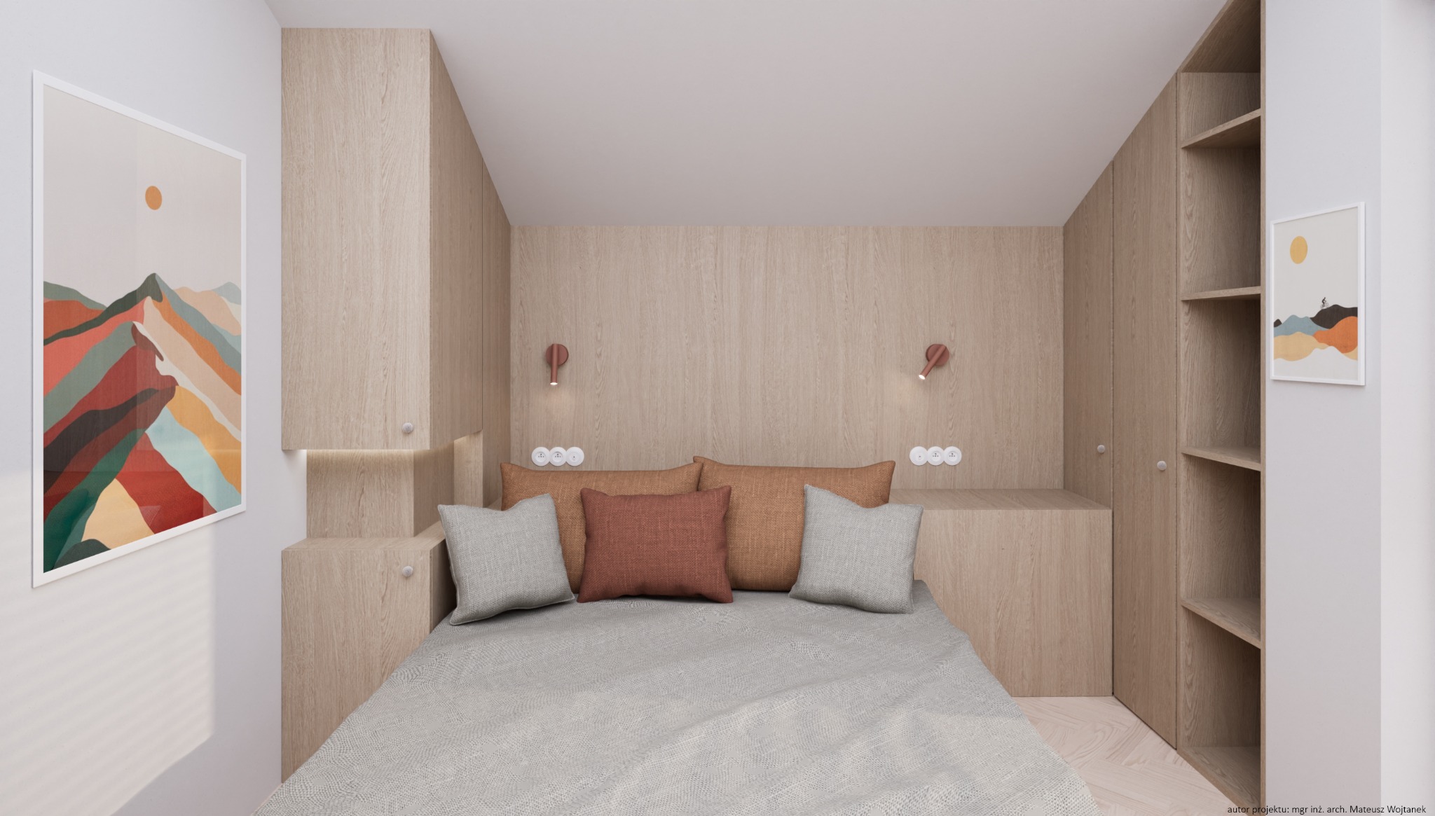 Kompaktowa sypialnia z zabudową meblową z drewna, minimalistyczne oświetlenie ścienne, abstrakcyjne obrazy w ramach na ścianach.