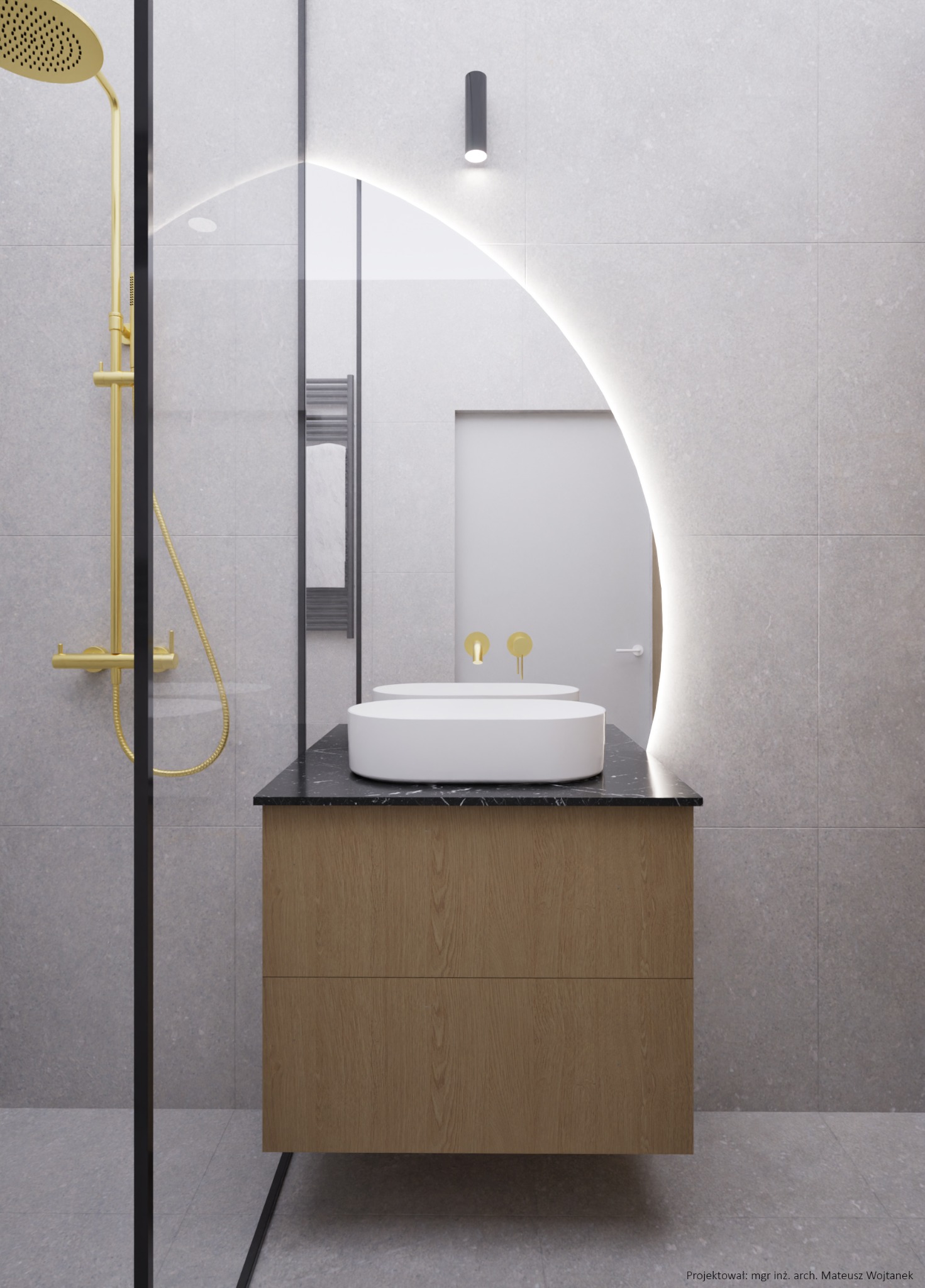 Nowoczesna łazienka z podwójną, owalną umywalką nablatową na drewnianej szafce z czarnym blatem, okrągłe lustro z podświetleniem LED, złota armatura prysznicowa i minimalistyczne oświetlenie punktowe.