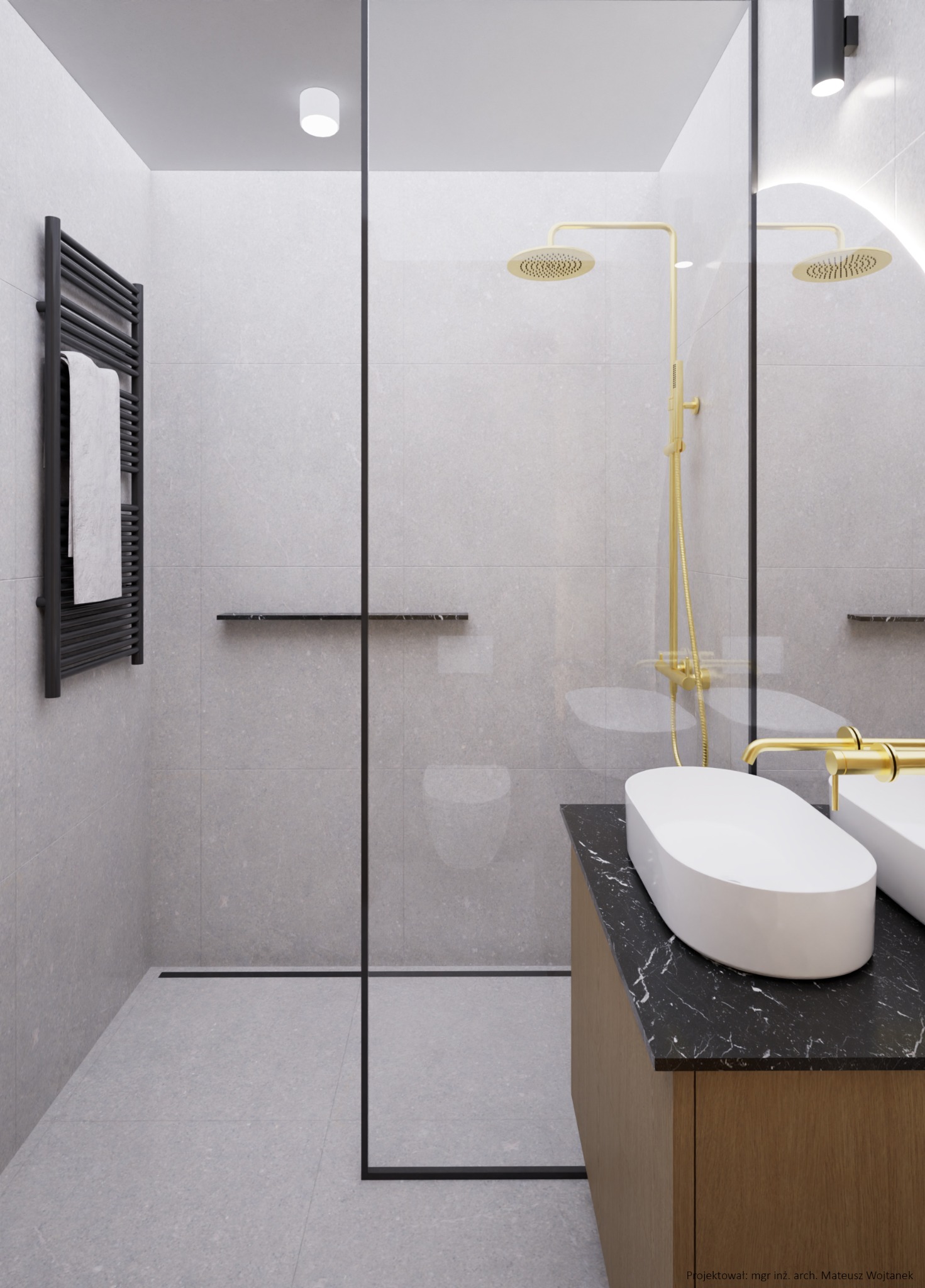 Minimalistyczna łazienka z szarymi płytkami, złotą armaturą i czarnym grzejnikiem drabinkowym z ręcznikiem.