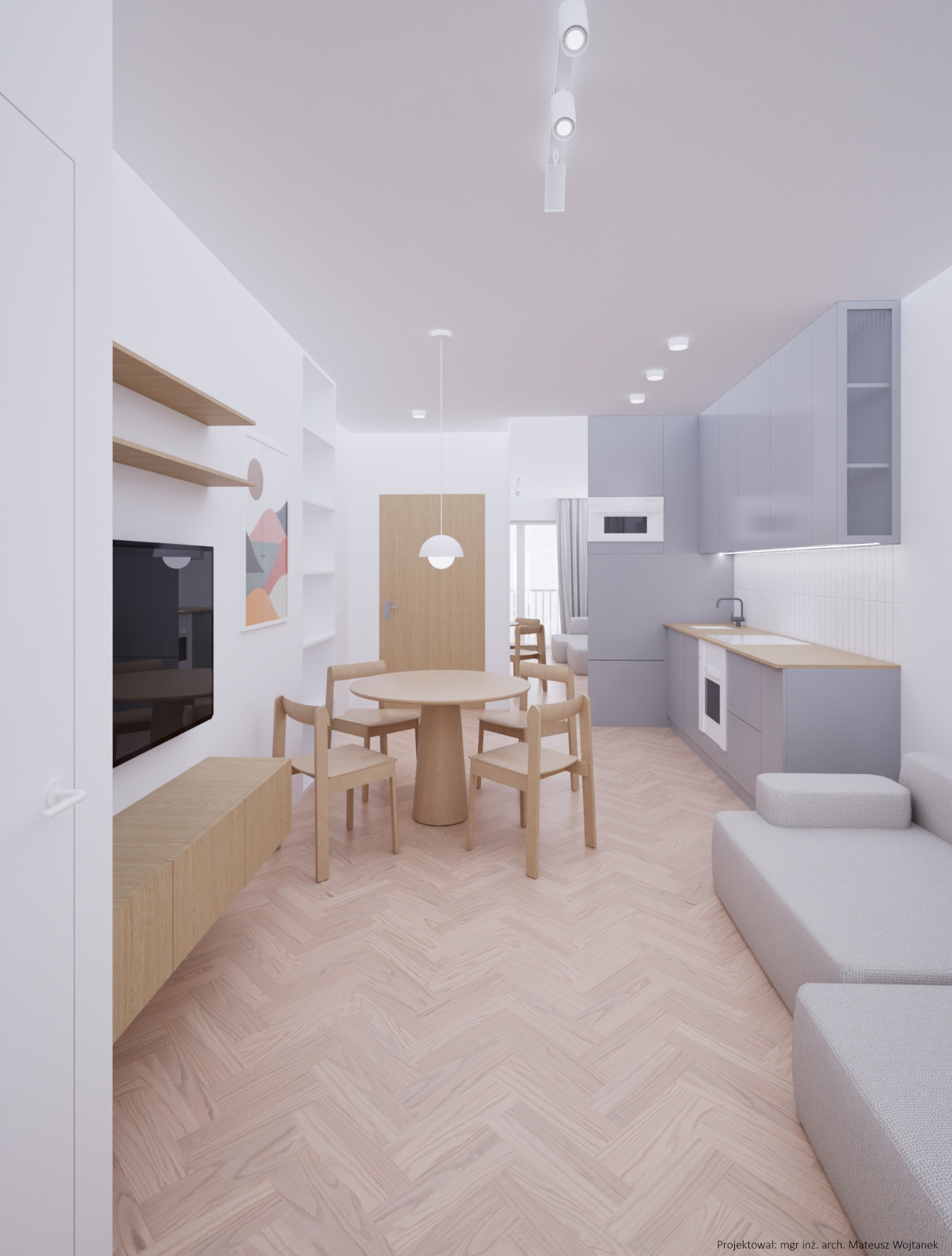 Wizualizacja jasnego wnętrza mieszkania z parkietem w jodełkę, okrągłym stołem z drewnianymi krzesłami, szarą zabudową kuchenną i minimalistycznym oświetleniem.