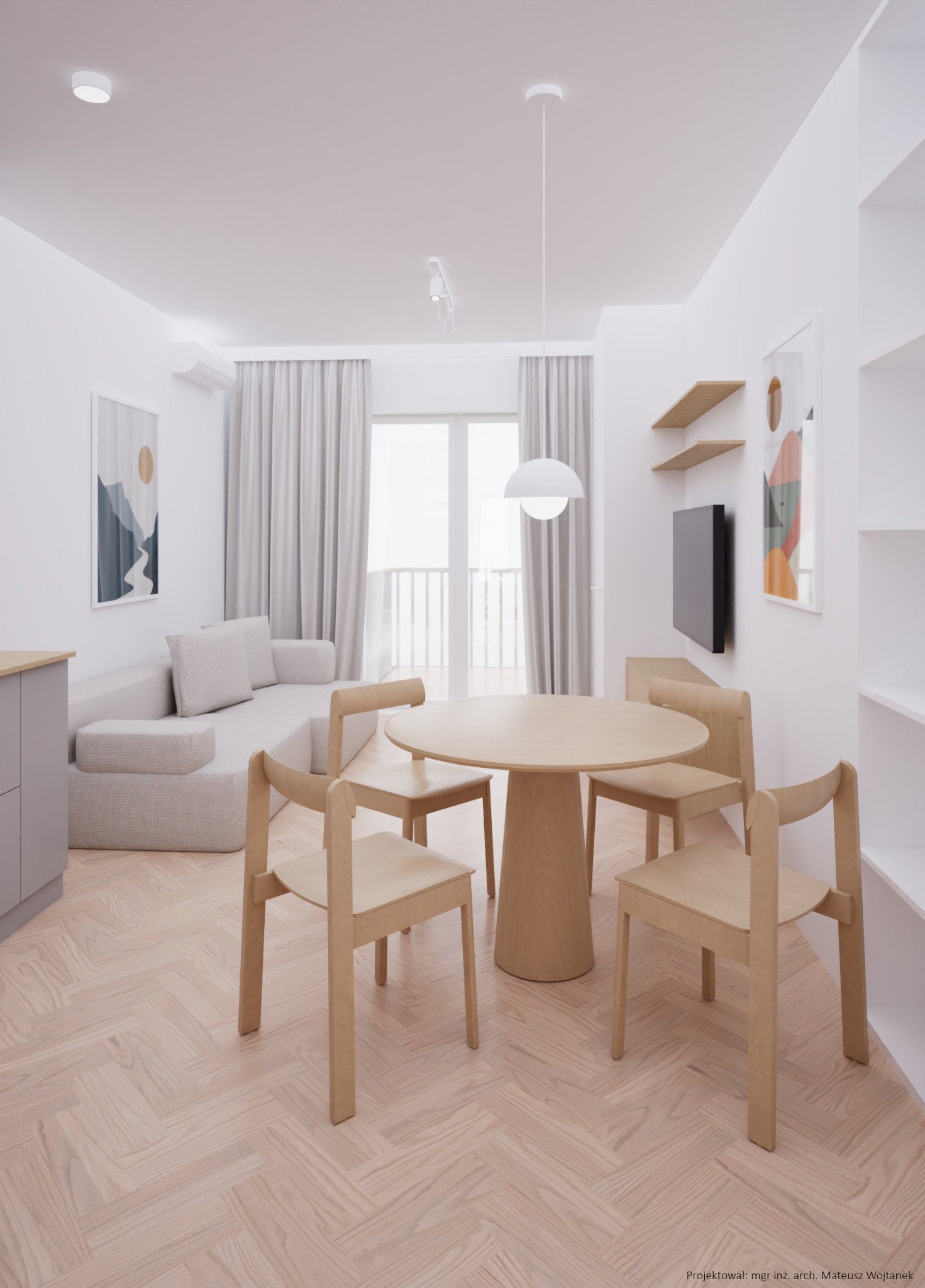 Jasne, minimalistyczne wnętrze z okrągłym drewnianym stołem i czterema krzesłami, parkiet w jodełkę, sofa modułowa i balkon z widokiem na zewnątrz.