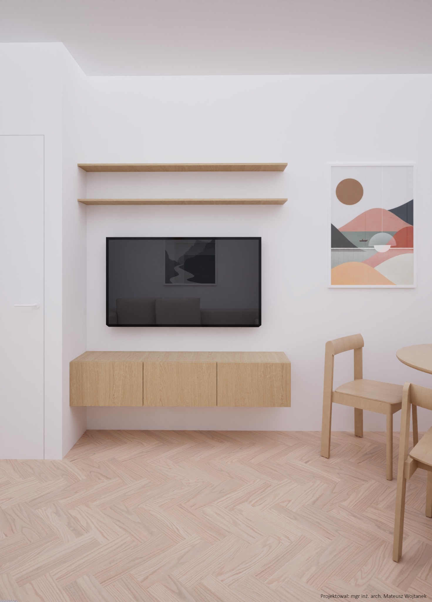 Minimalistyczny salon z drewnianą podłogą w jodełkę, wiszącą szafką RTV, telewizorem, półkami i abstrakcyjnym obrazem w pastelowych kolorach.