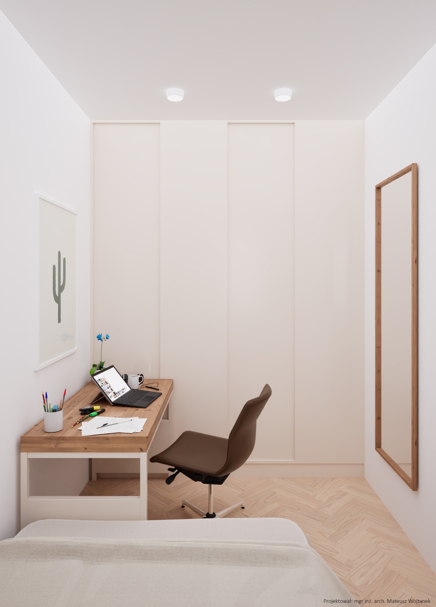 Wizualizacja pokoju z biurkiem i laptopem, krzesło biurowe z brązowej skóry, na ścianie plakat z kaktusem i lustro w drewnianej ramie, podłoga z jasnego parkietu ułożonego w jodełkę.